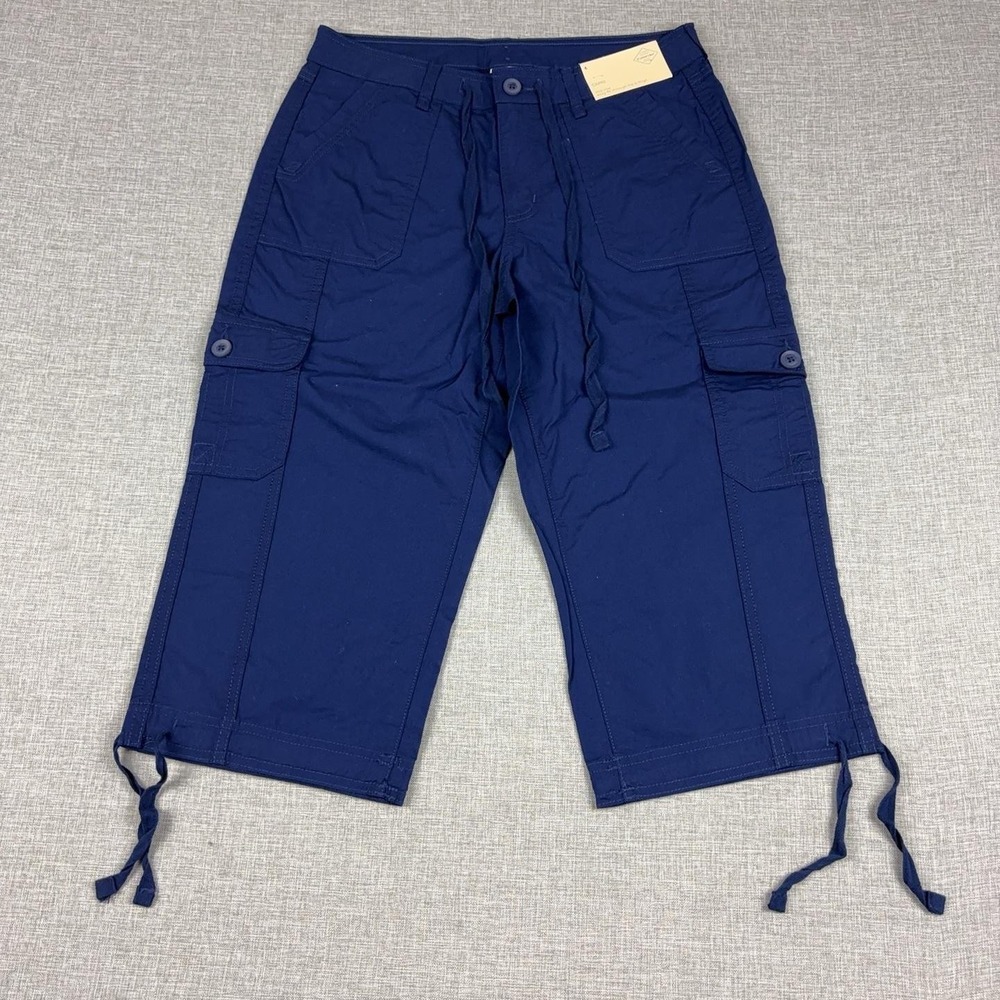 St John's Bay Capri Pants Womens 6 Navy Blue Cargo Adjustable Waist Drawstring